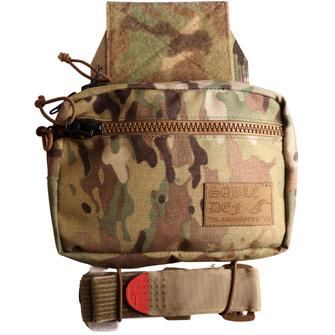 Camouflage tactical pouch with visible brand logo on a white background