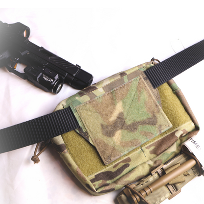 Camouflage tactical pouch with tools on a white background